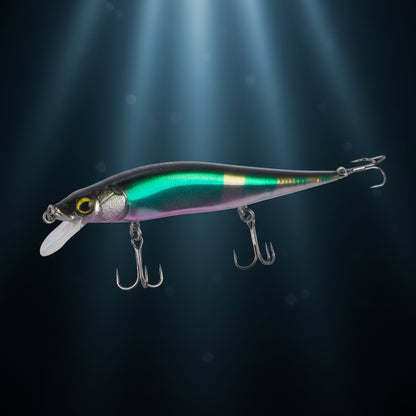 Floating minnow lure, green-striped purple body with 3 treble hooks