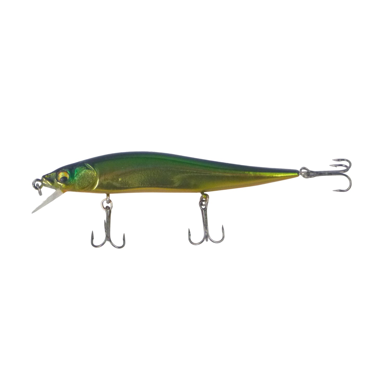 Floating minnow diving lure, iridescent green and gold body, clear lip, two treble hooks
