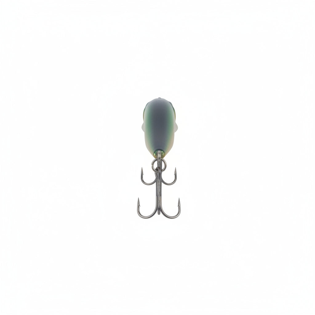 Floating minnow diving lure with dark green body and two treble hooks