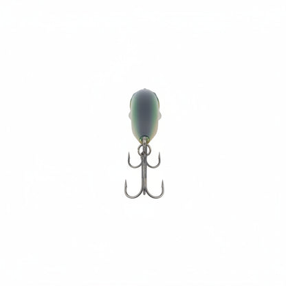 Floating minnow diving lure with dark green body and two treble hooks