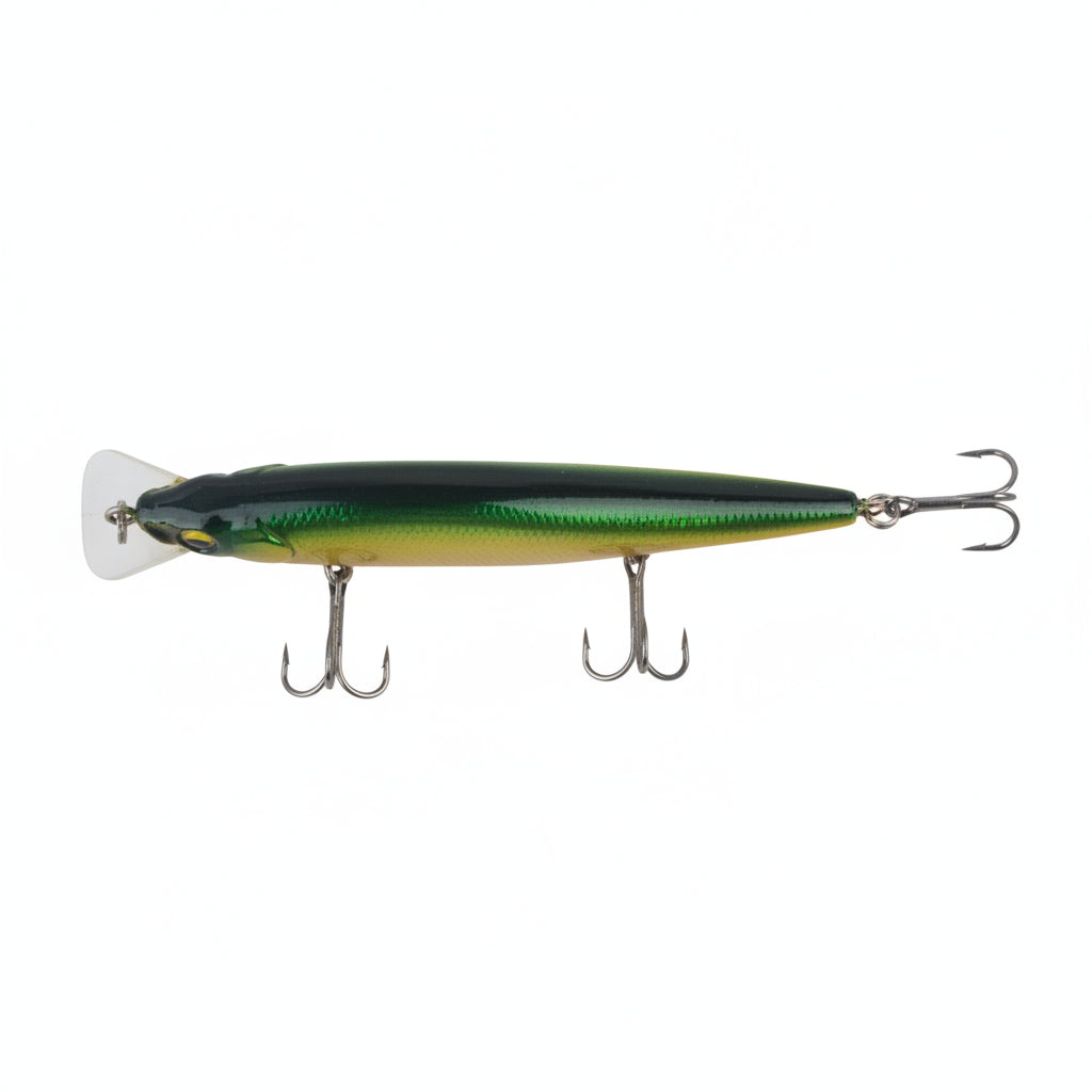 Floating minnow diving lure with green back, gold belly, clear lip, and two treble hooks