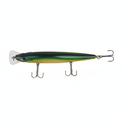 Floating minnow diving lure with green back, gold belly, clear lip, and two treble hooks