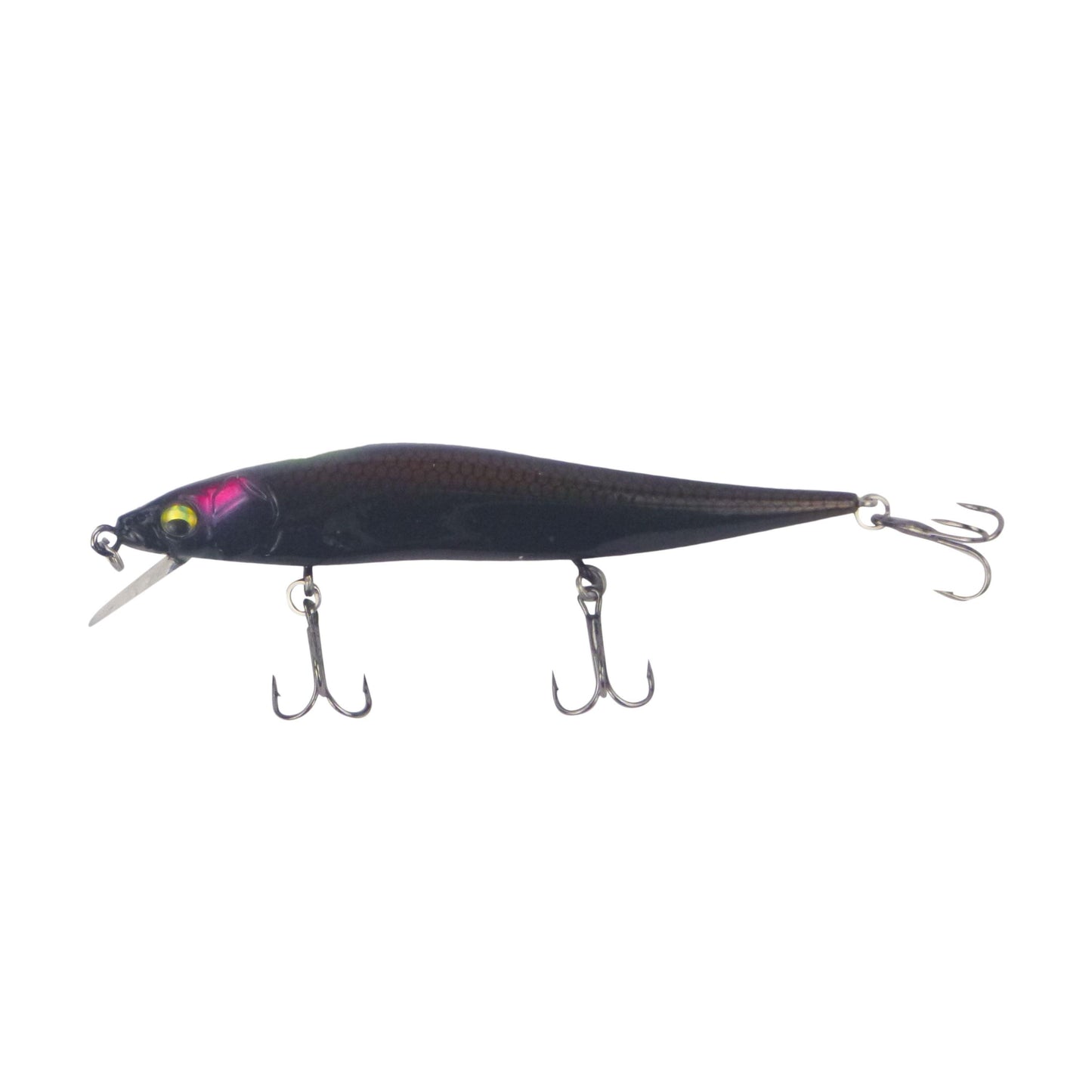 Midnight diving minnow lure with metal lip and two treble hooks