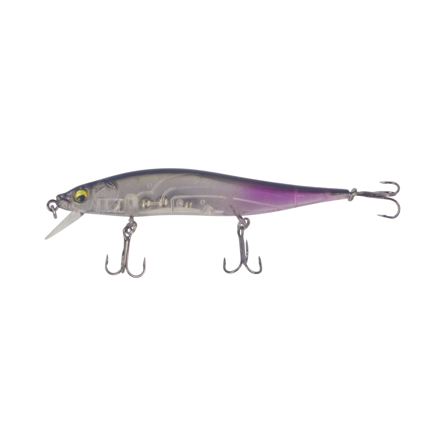 Hard body floating minnow lure, clear with opaque purple stripe, three treble hooks