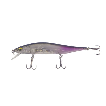 Hard body floating minnow lure, clear with opaque purple stripe, three treble hooks
