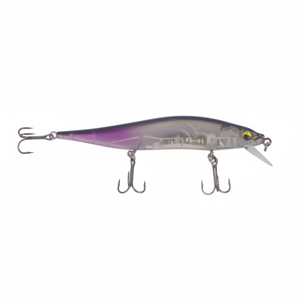 Hard body floating minnow lure with opaque purple back, clear belly, three treble hooks