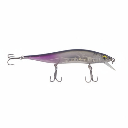 Hard body floating minnow lure with opaque purple back, clear belly, three treble hooks