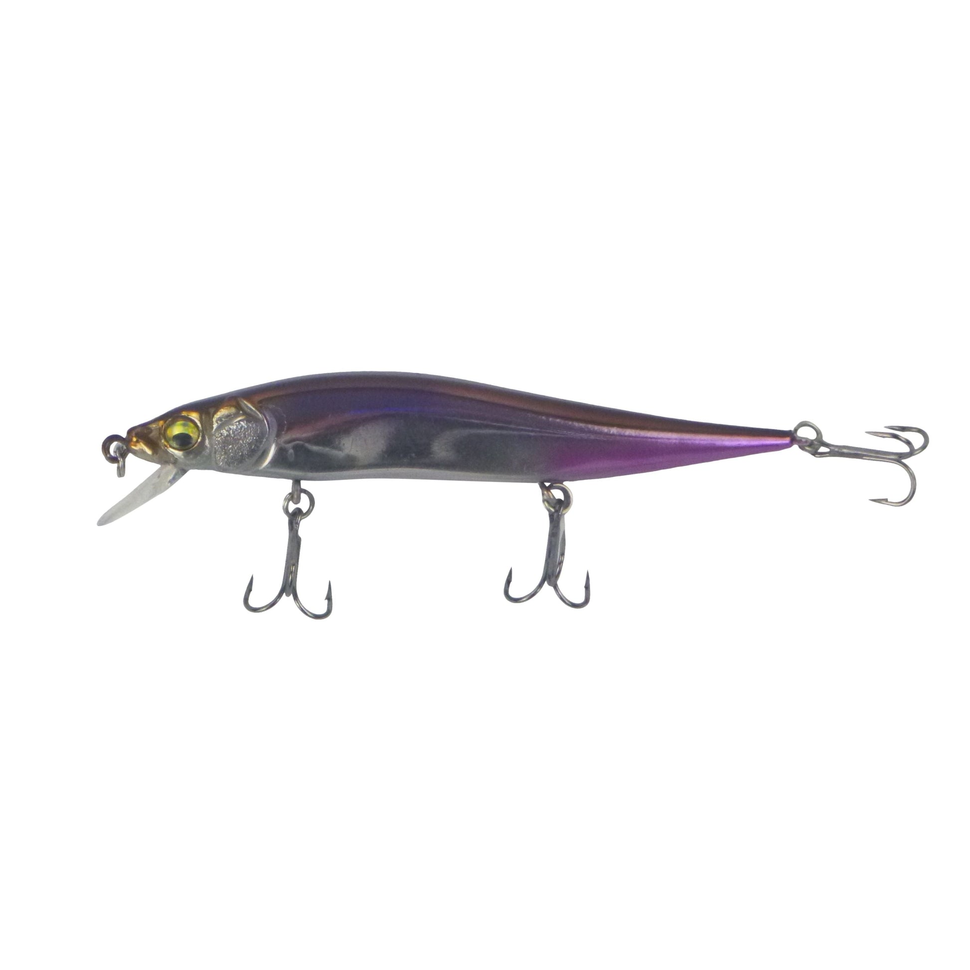 Floating minnow hard body lure in purple and gray with two treble hooks