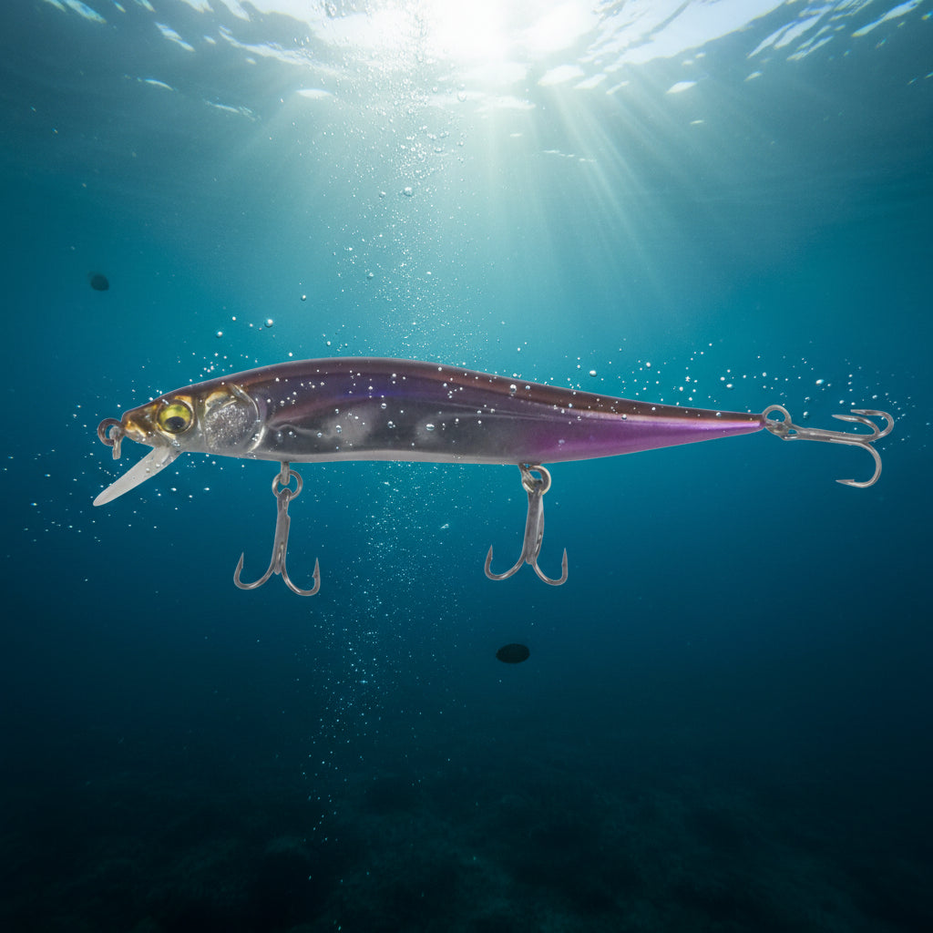 Floating minnow hard body lure in purple and gray side view with two treble hooks
