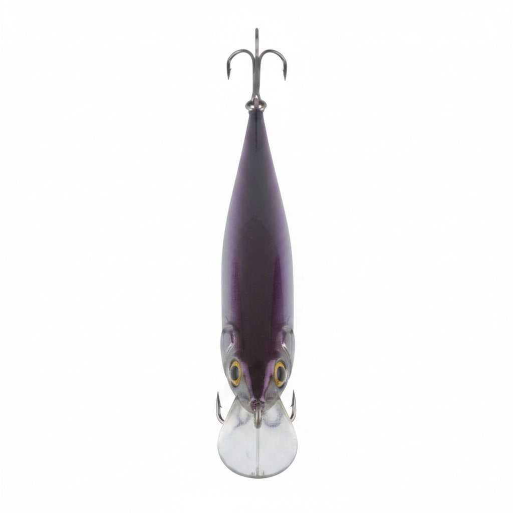 Floating minnow hard body lure underside in purple with silver skirt and front hooks