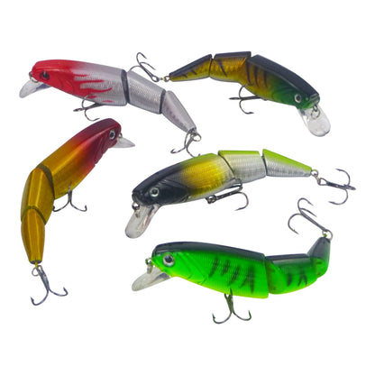 Hard body swimbait lures, yellow, green, and red colors with treble hooks