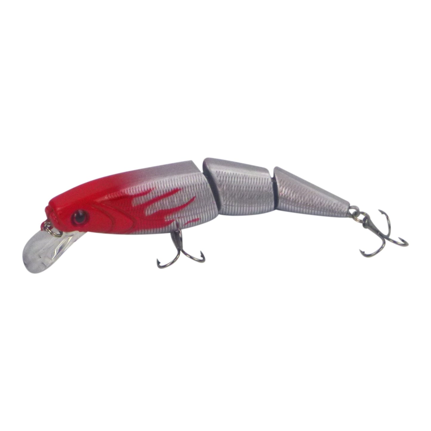 Hard body swimbait lure, red and silver with three treble hooks