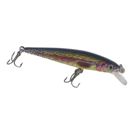 Rainbow hard body crankbait with treble hooks, side view