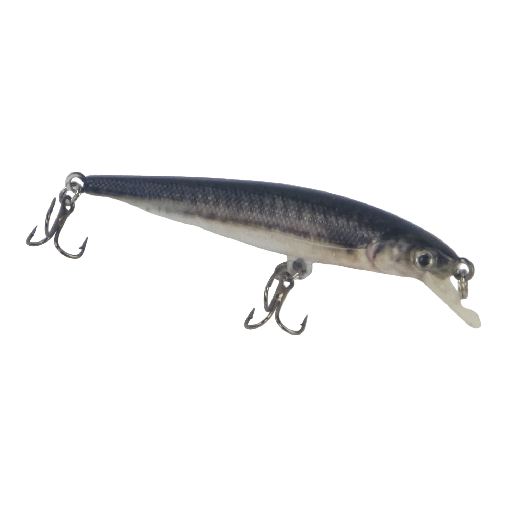 Diving fishing lure, dark blue and silver with two treble hooks and split rings
