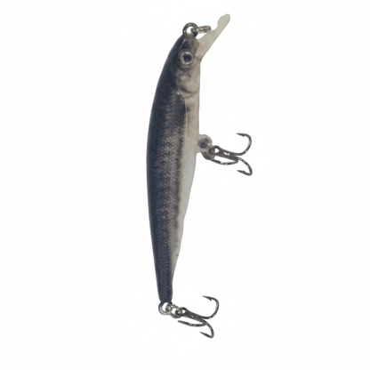 Diving fishing lure profile, dark blue back and silver belly with treble hooks