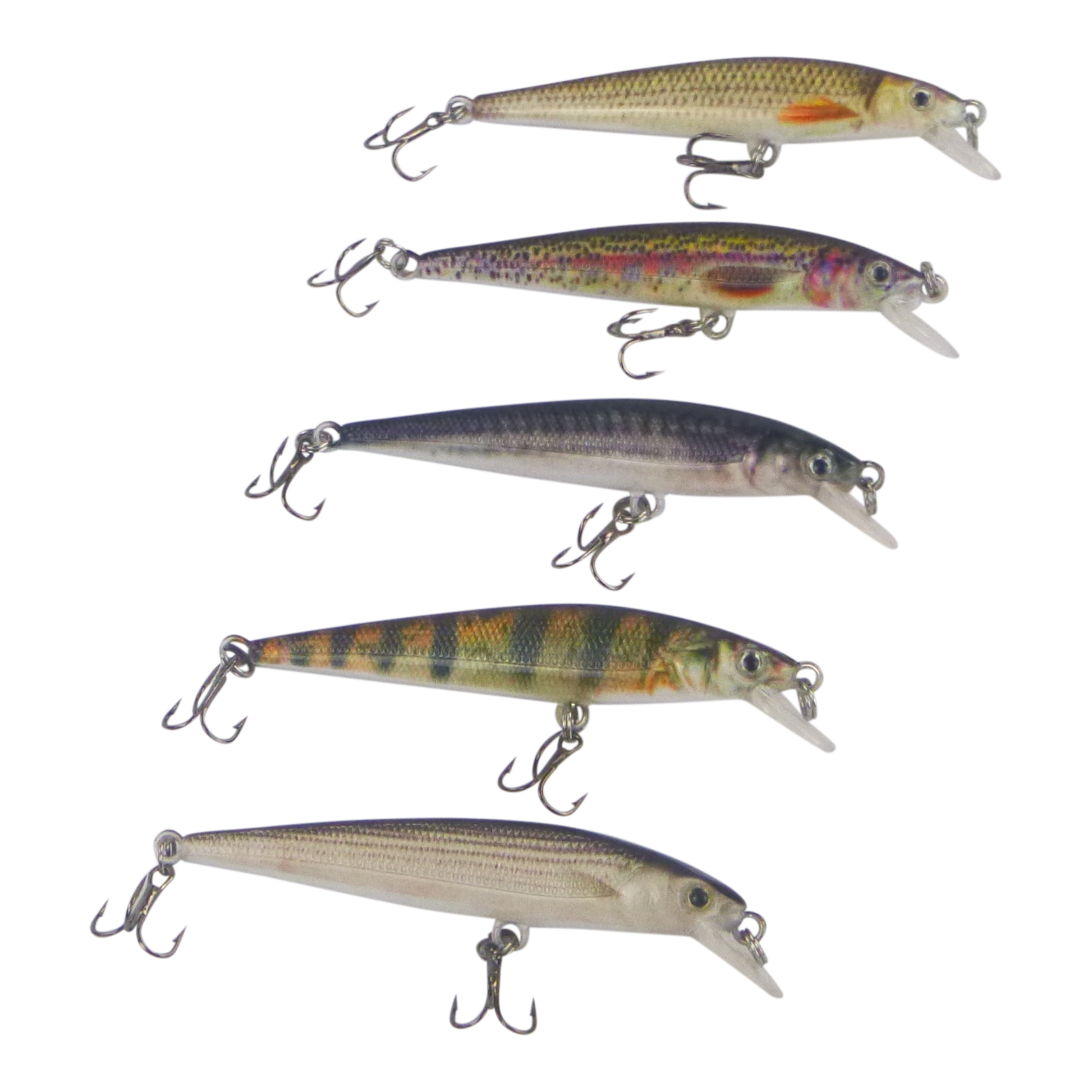 Rainbow hard body crankbait set with metal hooks, four lures shown