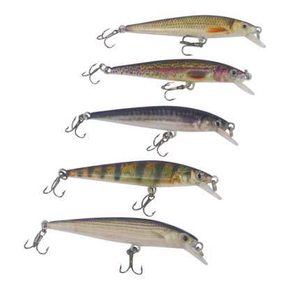 Rainbow hard body crankbait set with metal hooks, four lures shown