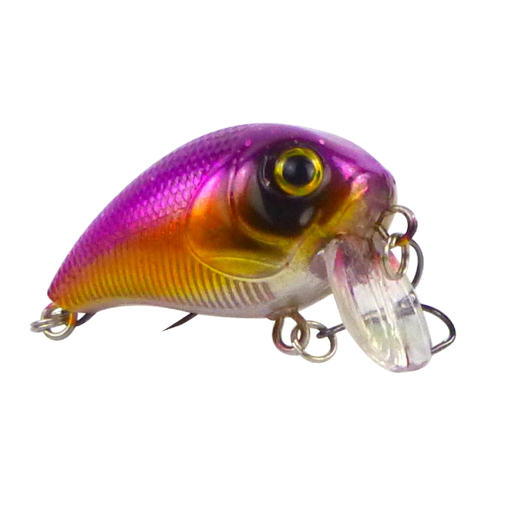 Purple and gold floating fishing lure with clear lip and treble hook, 55mm