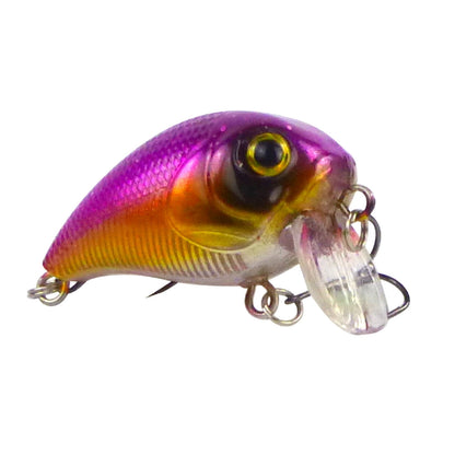 Purple and gold floating fishing lure with clear lip and treble hook, 55mm
