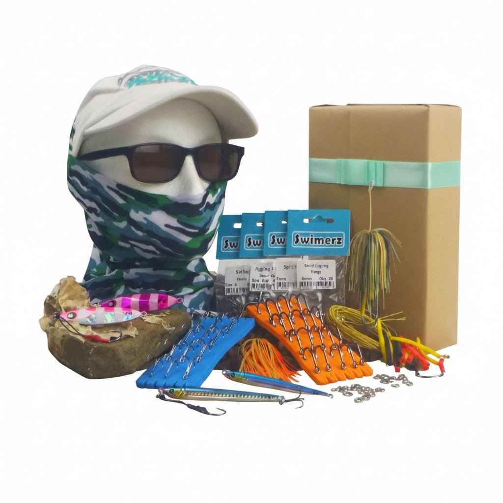 Fishing jig gift pack with box, blue lure, orange metal jigs, and multicolor spinner