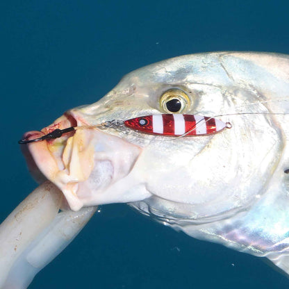Red-and-white striped metal jig lure with hook, held in a fish mouth
