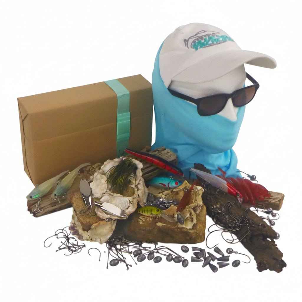 Fishing tackle gift box with blue head covering, red lure, and assorted hooks