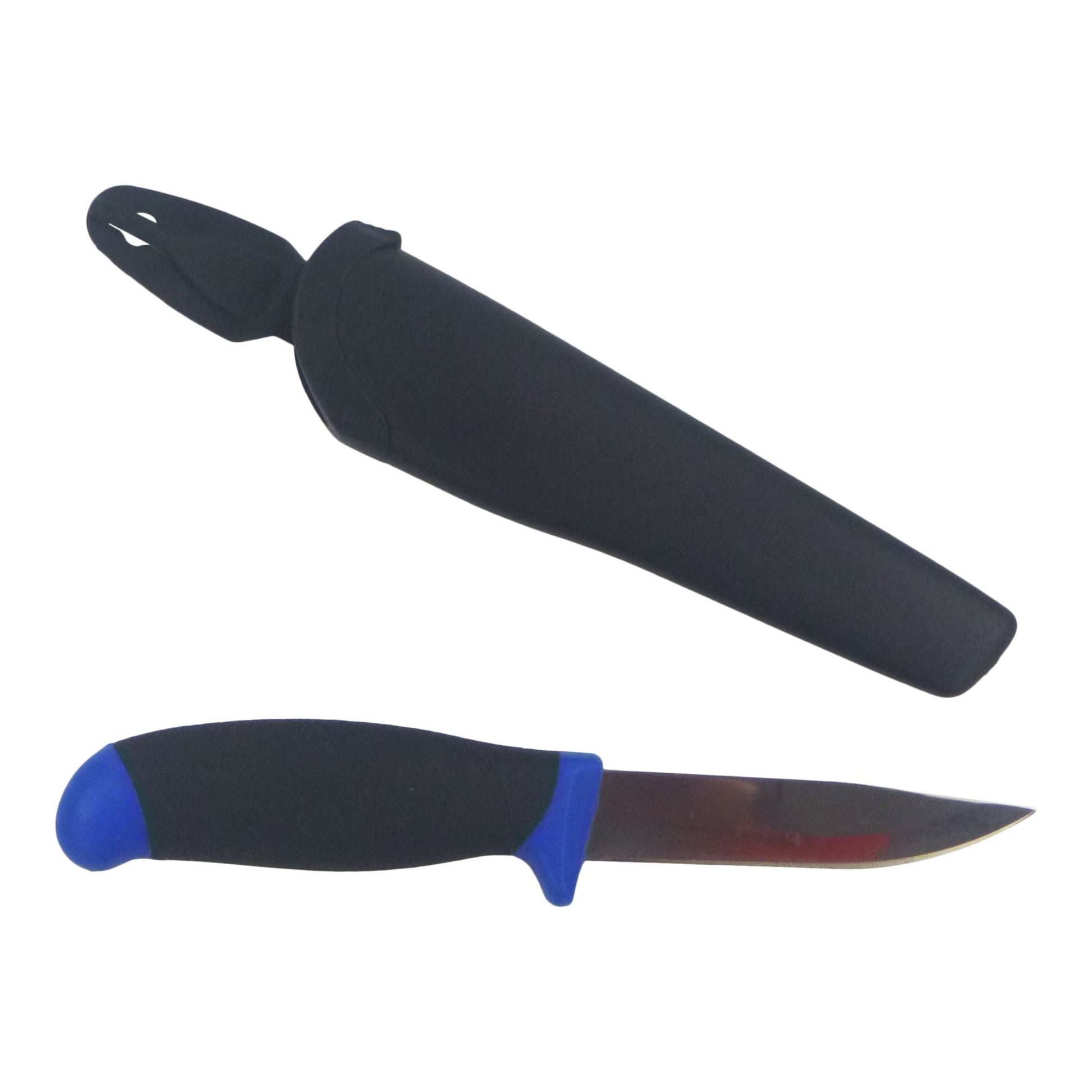 Fishing bait knife with black sheath, blue handle grip, stainless steel cutting edge