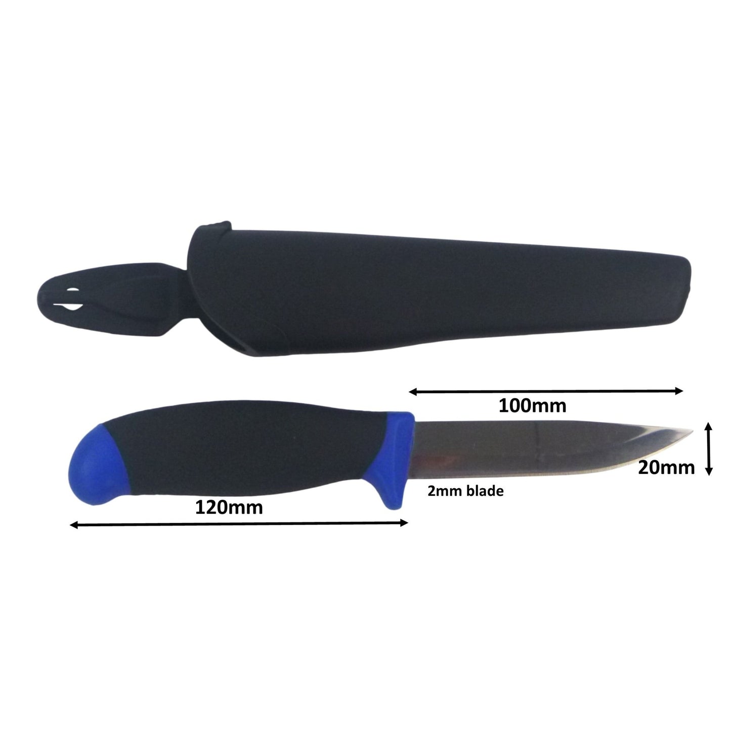 Fishing bait knife with black sheath and blue grip, exposed stainless blade