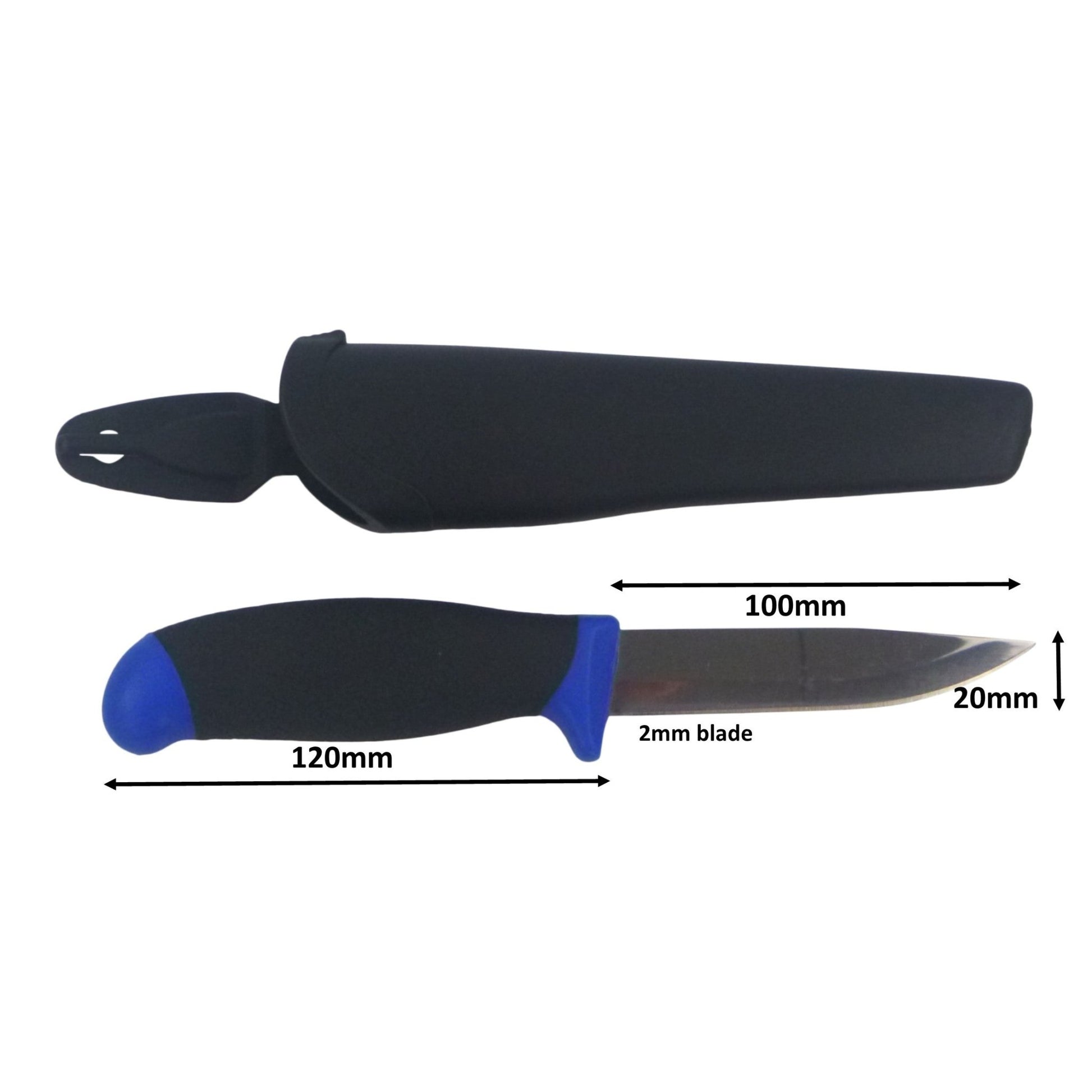 Fishing bait knife with black sheath and blue grip, exposed stainless blade