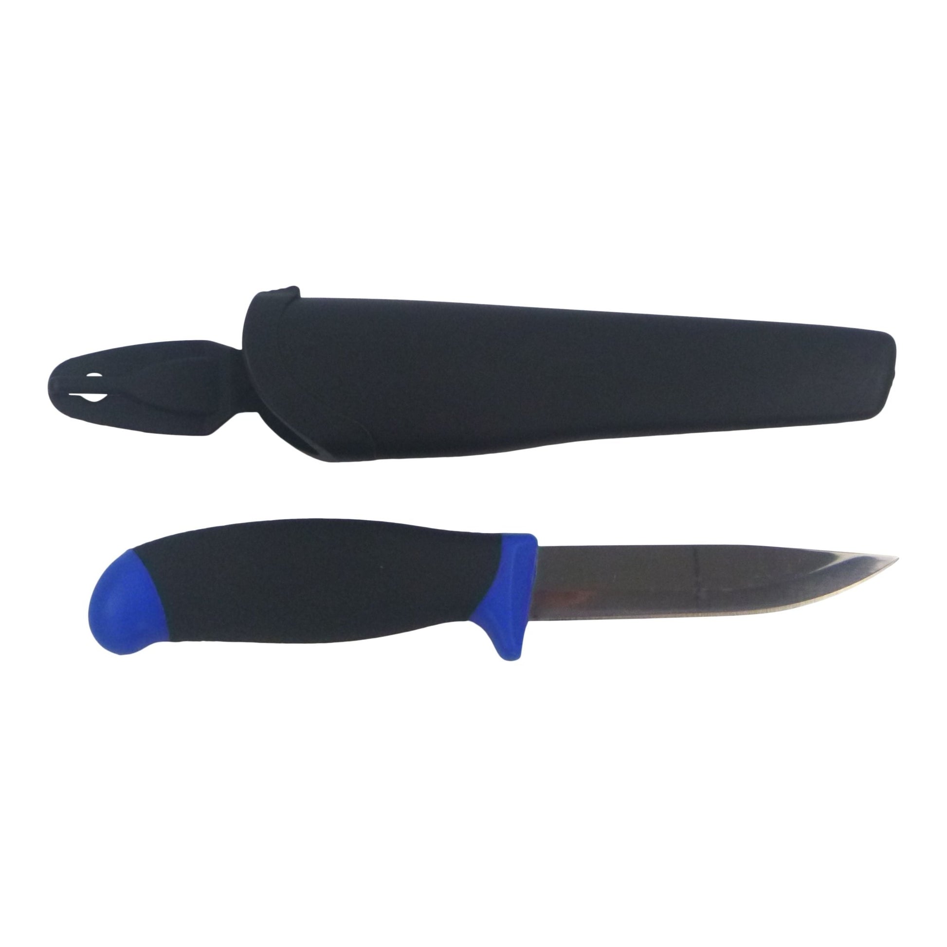Fishing bait knife with black belt sheath and blue handle, stainless steel blade