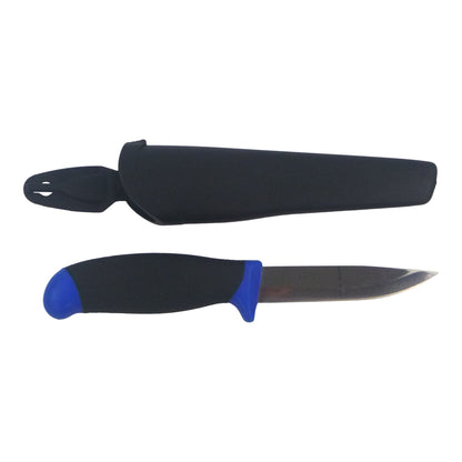 Fishing bait knife with black belt sheath and blue handle, stainless steel blade