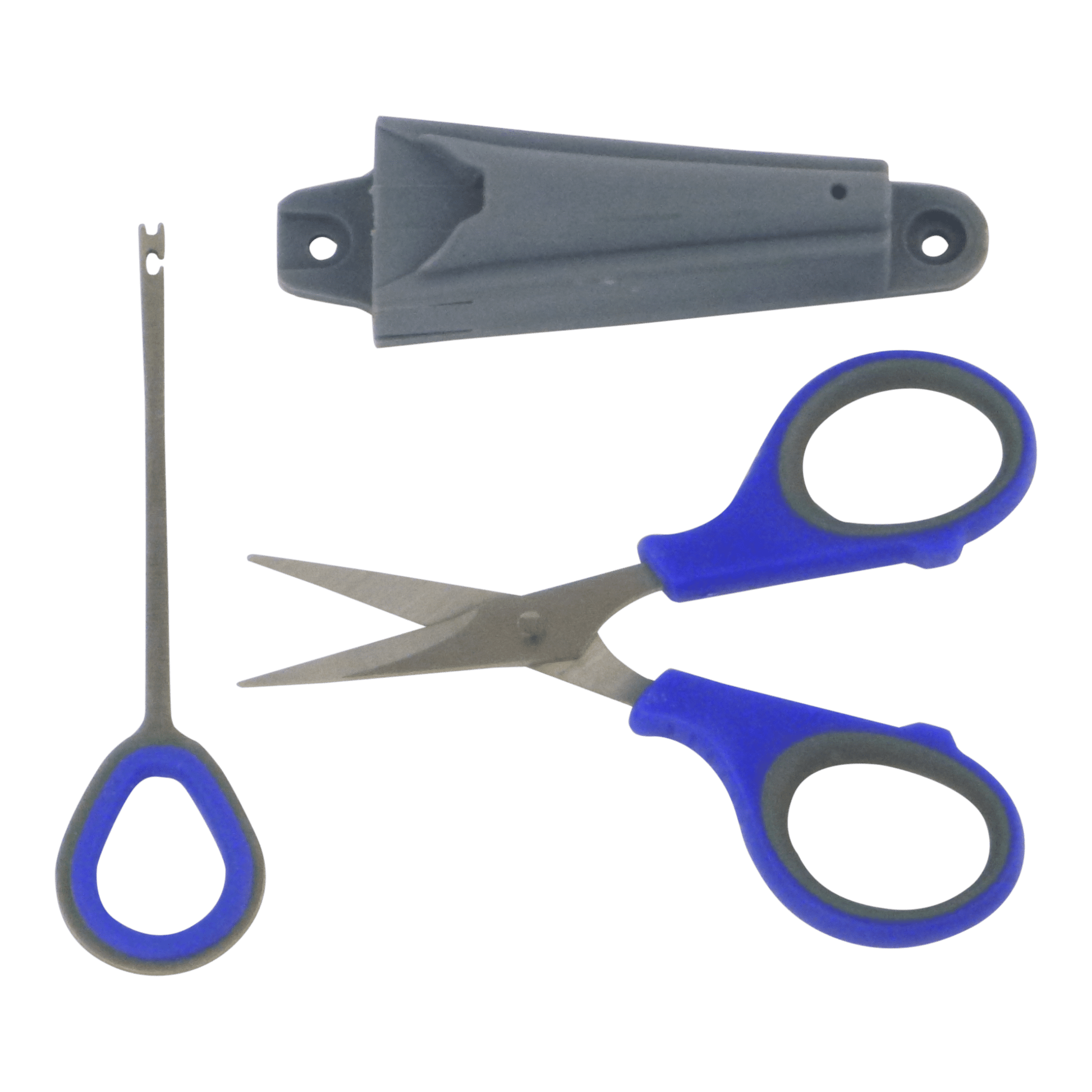 Fishing hook remover and braid scissors set with blue handles and gray holster