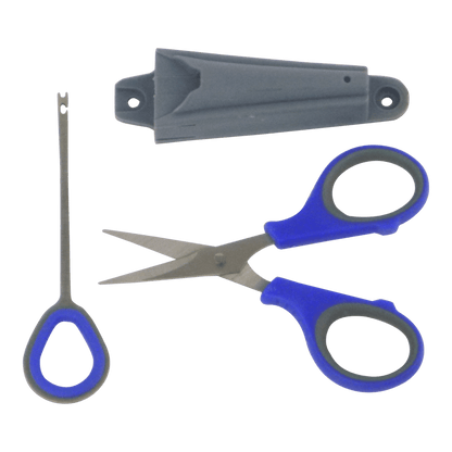 Fishing hook remover and braid scissors set with blue handles and gray holster