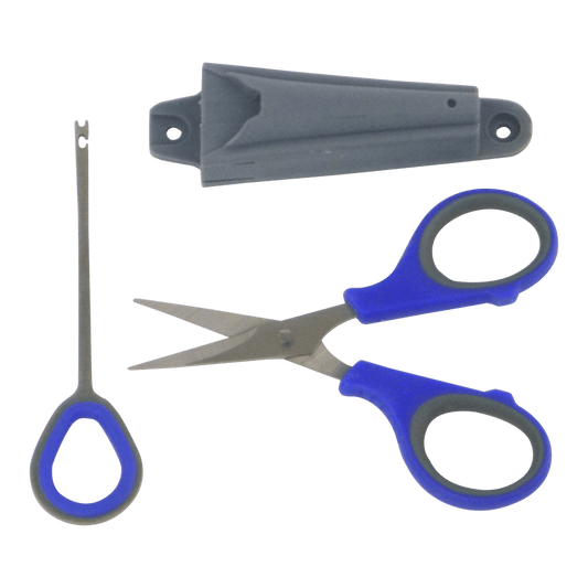 Fishing hook remover and braid scissors set with blue handles and gray holster
