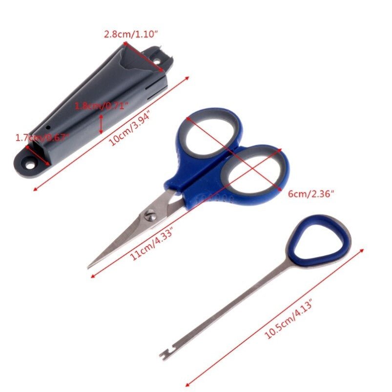 Fishing hook remover and scissors kit with blue handles and long stainless tips