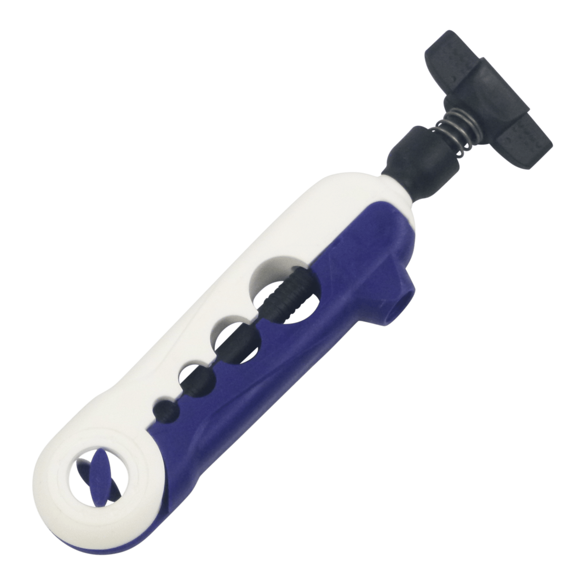 Clip-on fishing line spooler tool with blue and white body and black clip arms