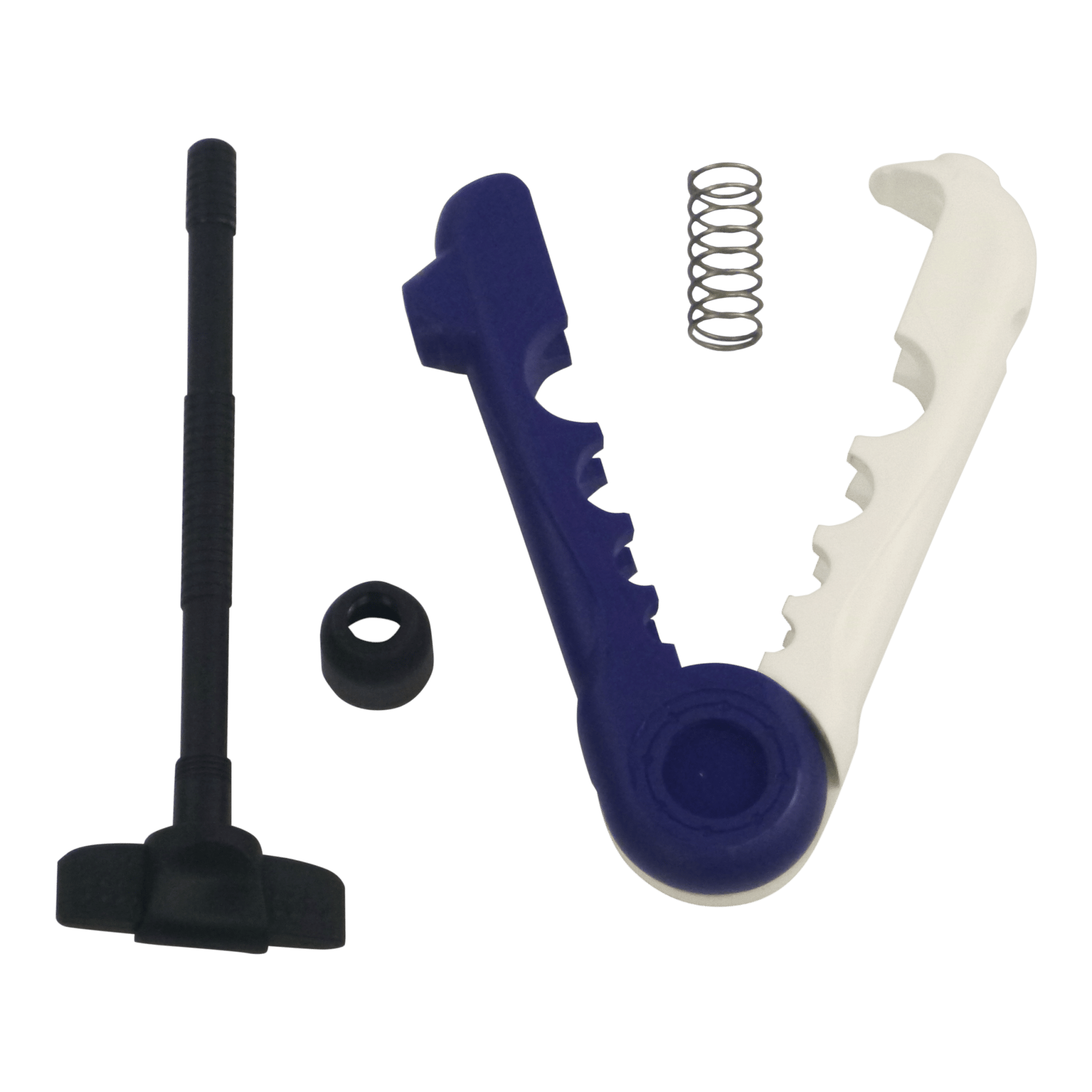 Fishing line spooler tool parts: blue frame, white guide, black base and spring