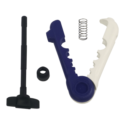 Fishing line spooler tool parts: blue frame, white guide, black base and spring