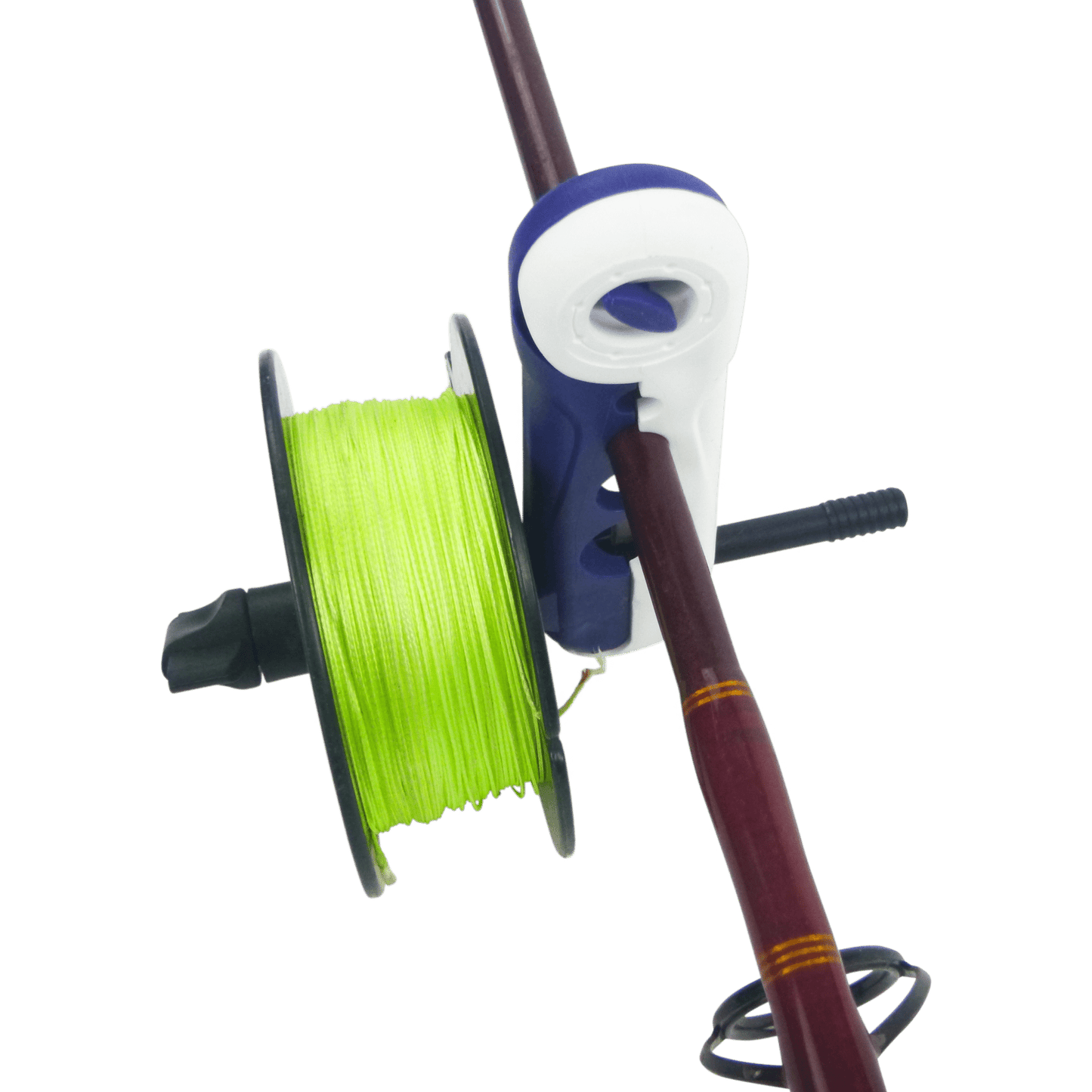 Fishing line spooler tool with white guide and blue clamp holding bright green line