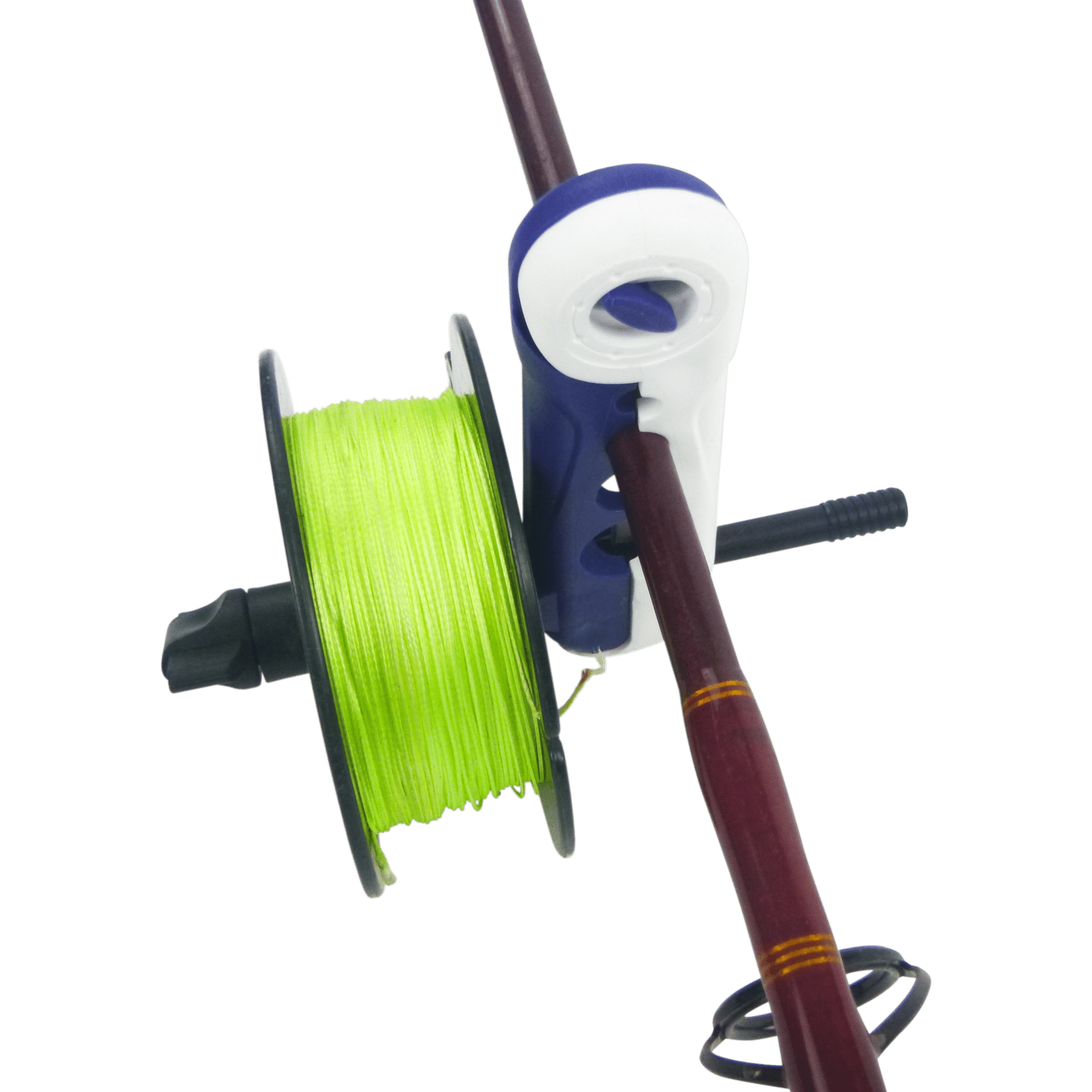 Fishing line spooler tool with white guide and blue clamp holding bright green line