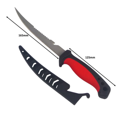 Fish filleting knife set with 165mm serrated blade and black-red handle, 125mm