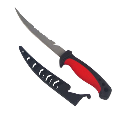 Fish filleting knife with flexible gray serrated blade and red-and-black handle, 165mm