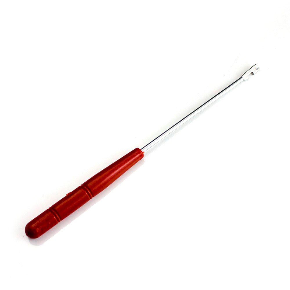 Fishing hook remover tool with red handle and metal extractor prongs