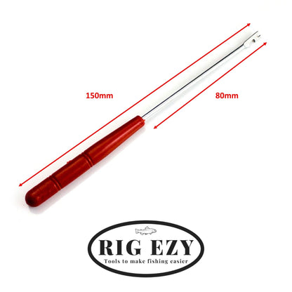 Rig Ezy hook remover tool with red handle; metal shaft lengths 150mm and 80mm
