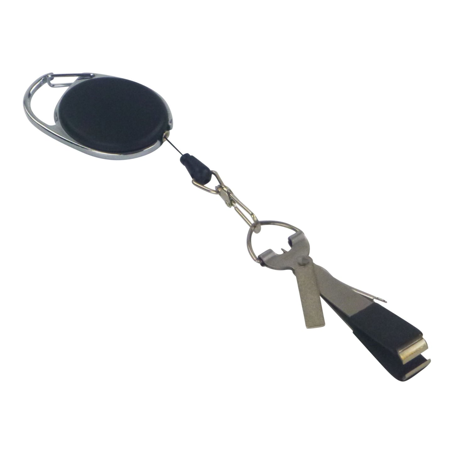 Fishing line rigging multi-tool with black oval case and metal hook tool