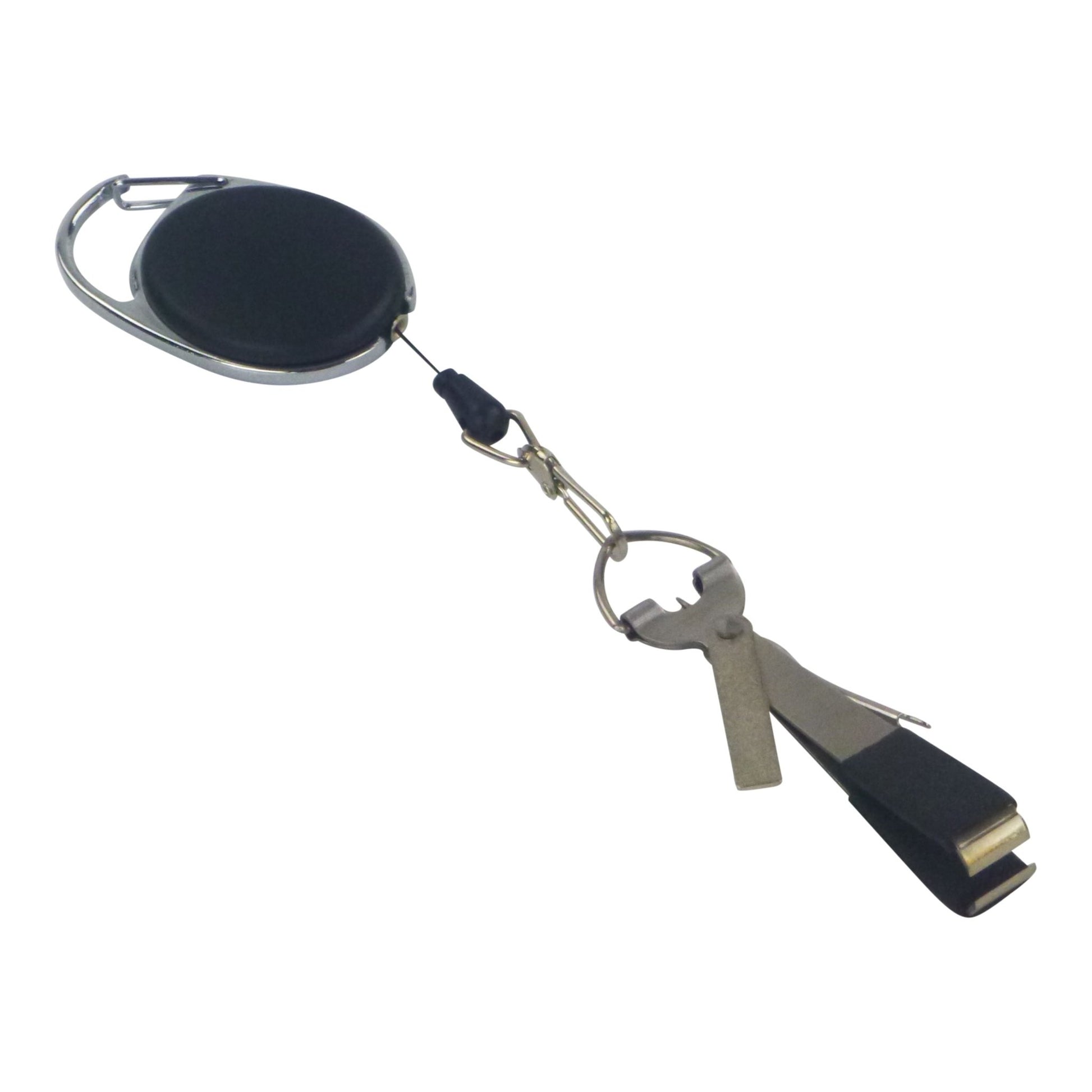 Fishing line rigging multi-tool with black oval case and metal hook tool