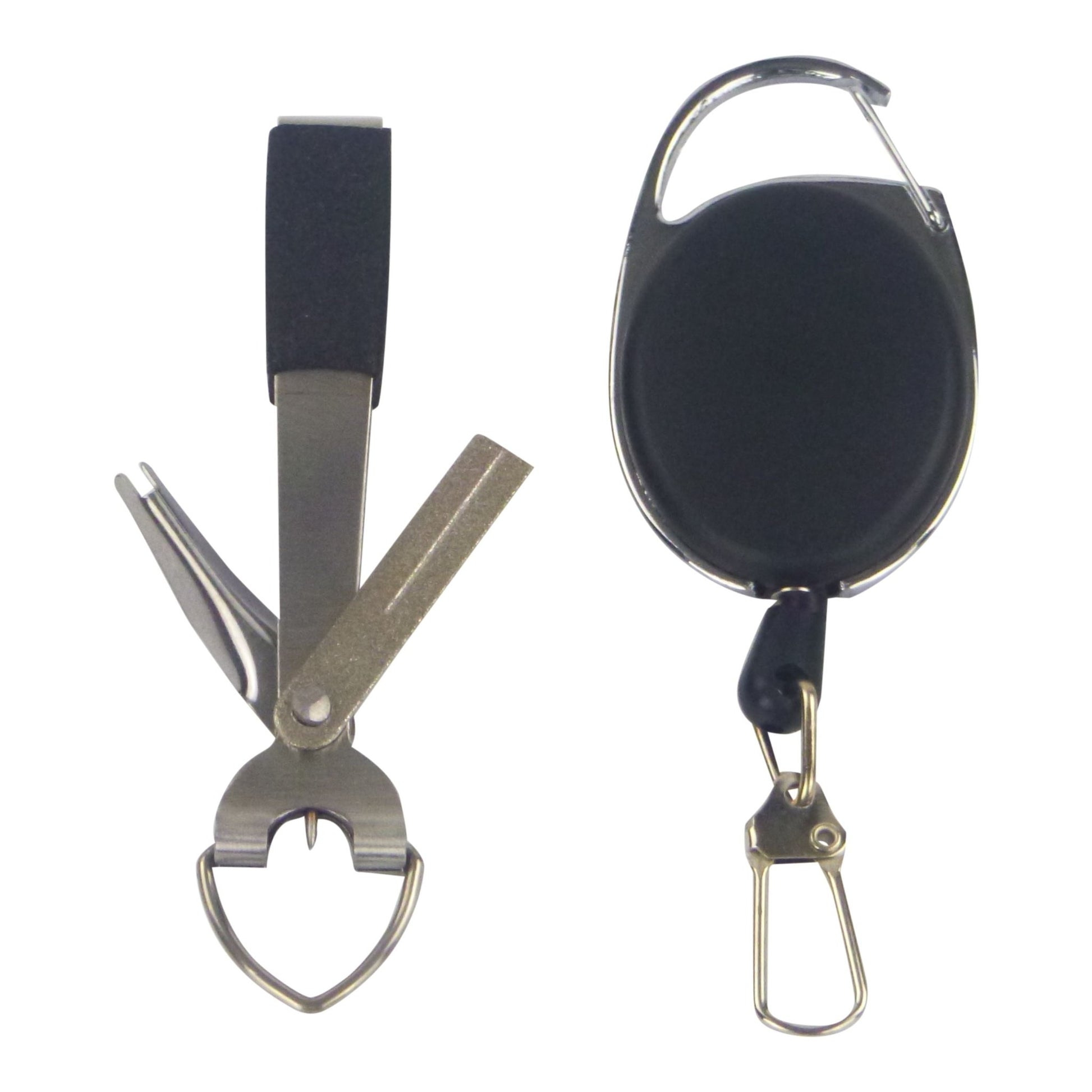 Fishing line rigging tool with black handle and metal wire clip