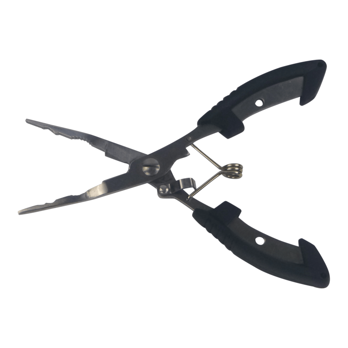 Straight fishing pliers with black non-slip handles, stainless steel jaws and cutters