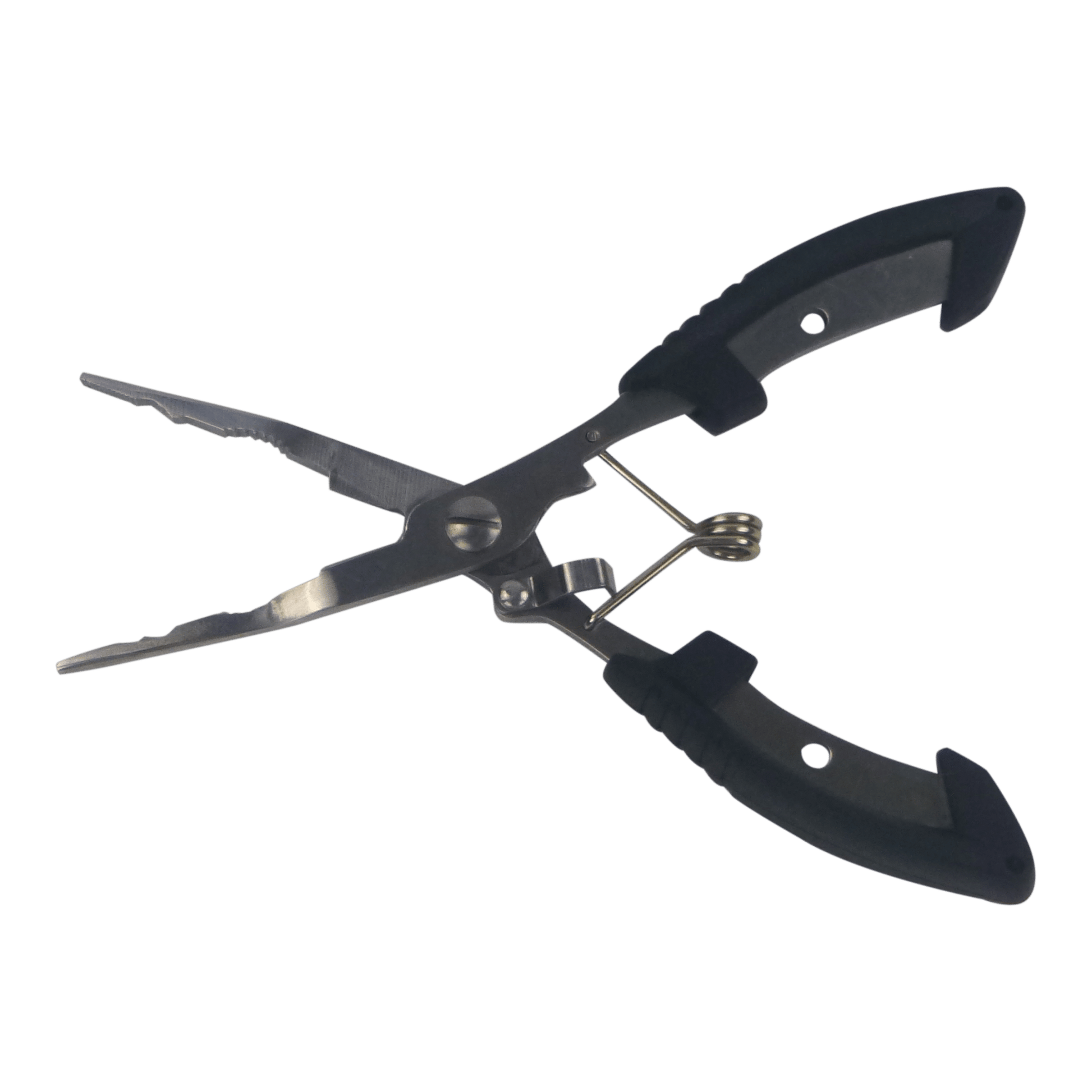 Straight fishing pliers with black non-slip handles, stainless steel jaws and cutters
