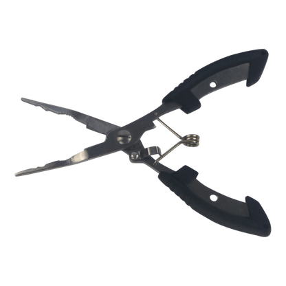 Straight fishing pliers with black non-slip handles, stainless steel jaws and cutters